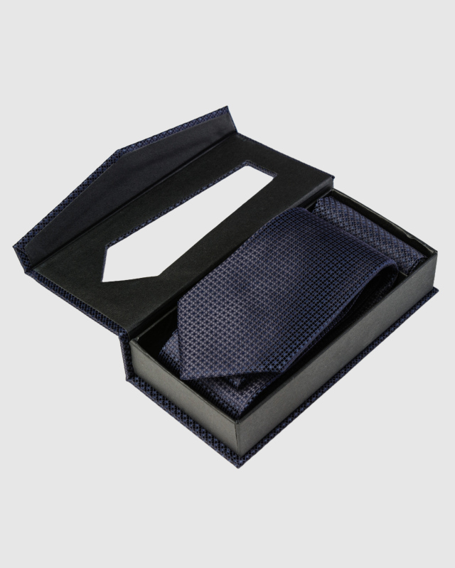Подарочный набор, галстук и платок, из темно-синего шелка с жаккардовым узором