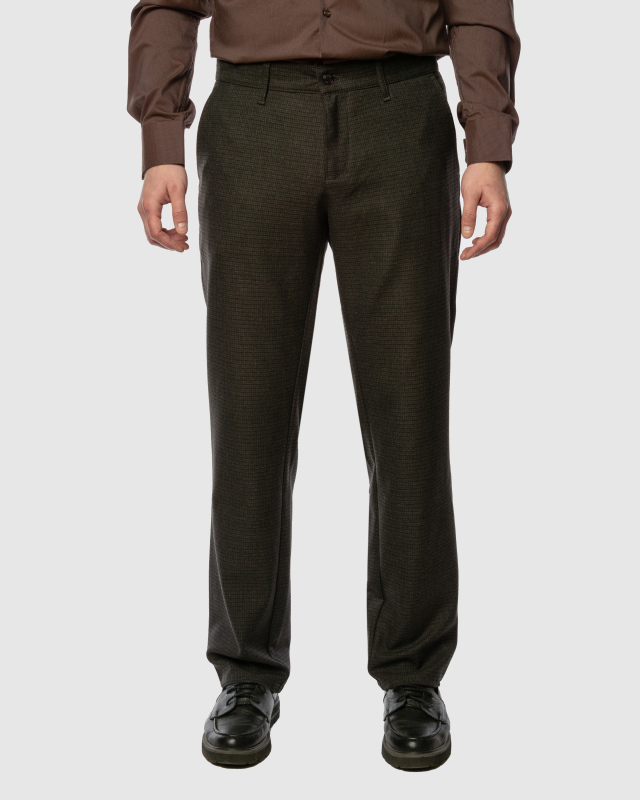 Коричневые брюки Трамаросса без защипов и стрелок рисунок мелкая клетка