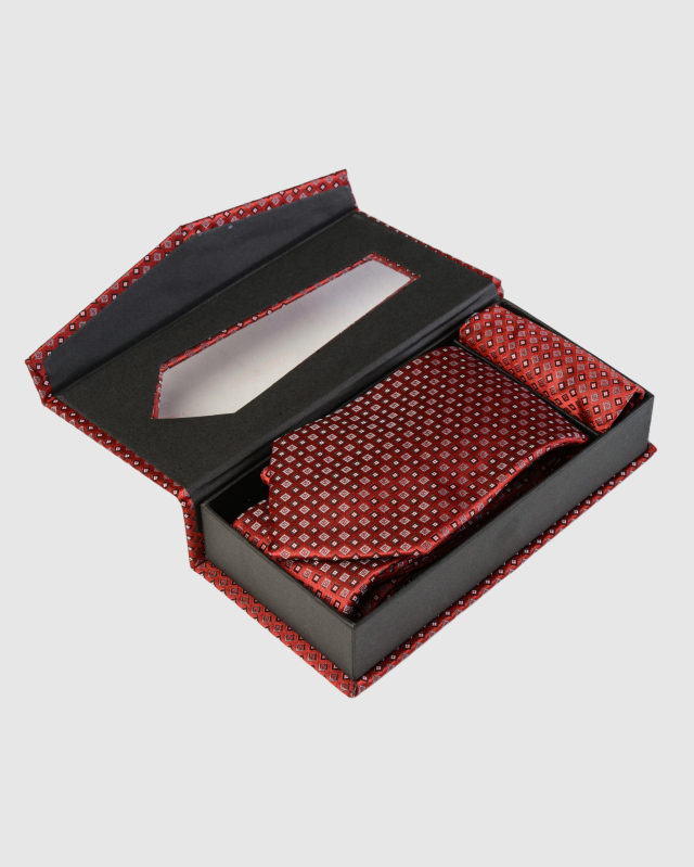 Подарочный набор, галстук и платок, из красного шелка с фуляровым узором