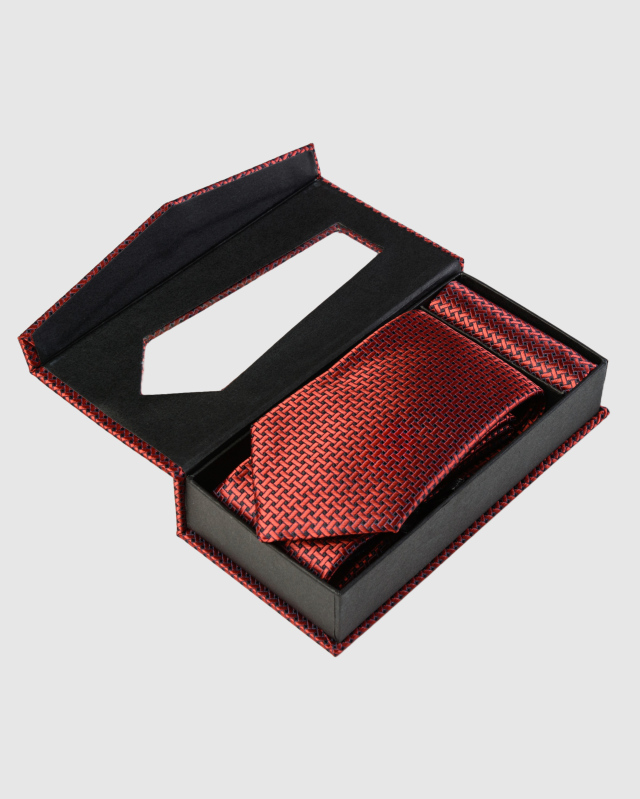 Подарочный набор, галстук и платок, из красного шелка с жаккардовым рисунком