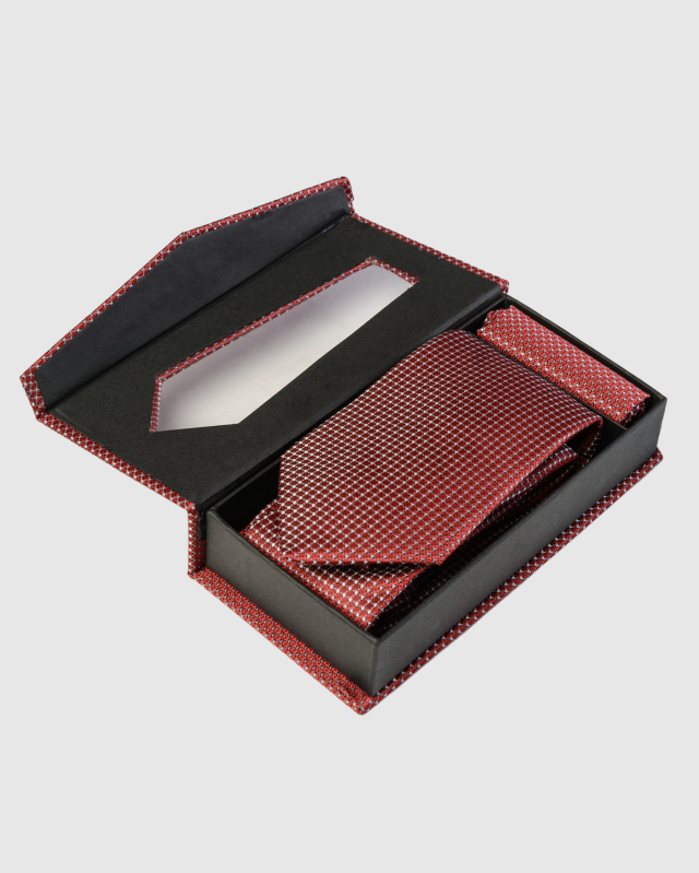 Подарочный набор, галстук и платок, из красного шелка с геометрическим рисунком